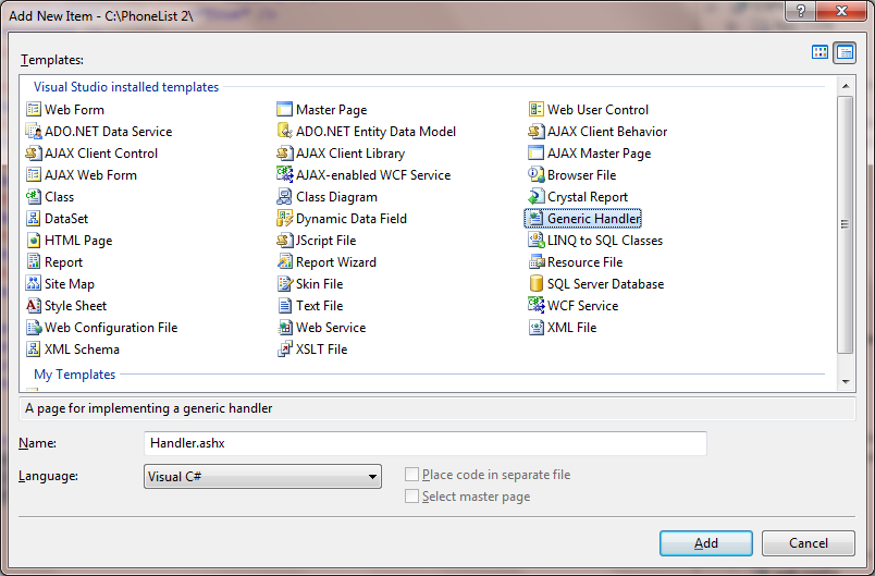 Create a Generic Handler In Visual Studio