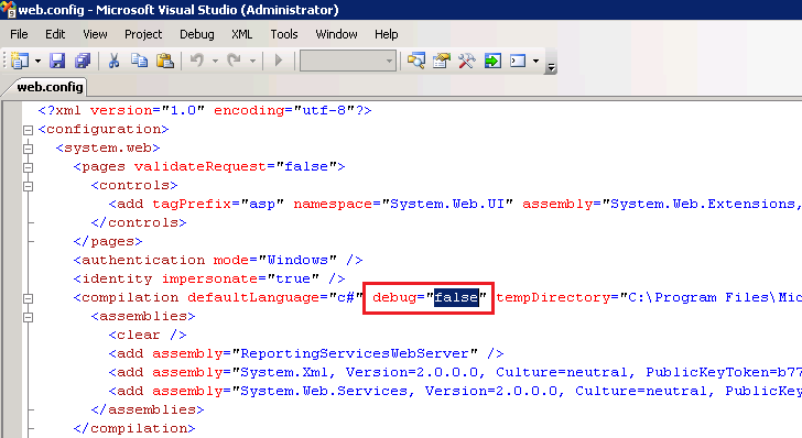 Disable debug mode in SSRS