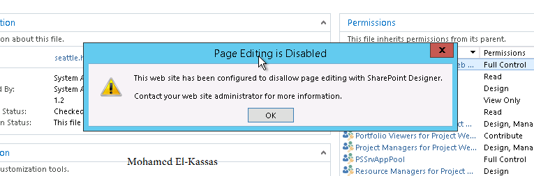 This web site has been configured to disallow editing with SharePoint Designer 2013