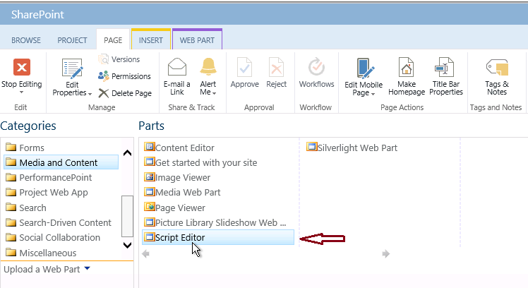 Add Script Editor web part