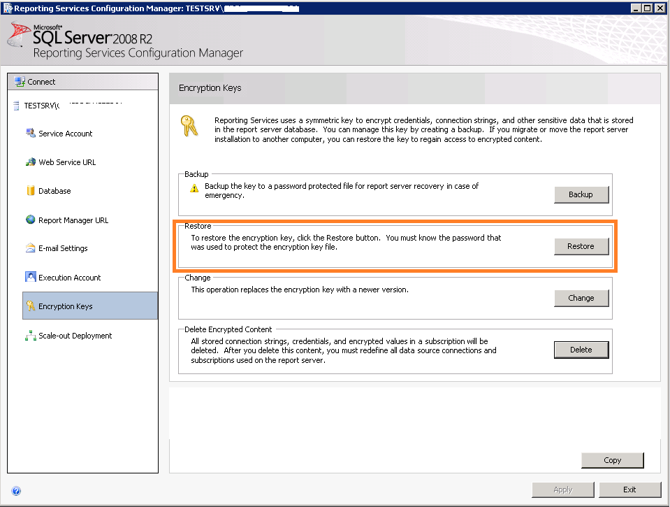 Restore Encryption Keys in SSRS