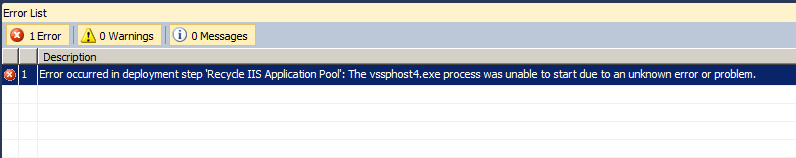 Error occurred in deployment step ‘Recycle IIS Application Pool': The vssphost4.exe process was unable to start due to an unknown error or problem