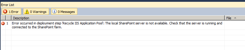 The local SharePoint server is not available Check that the server is running and connected