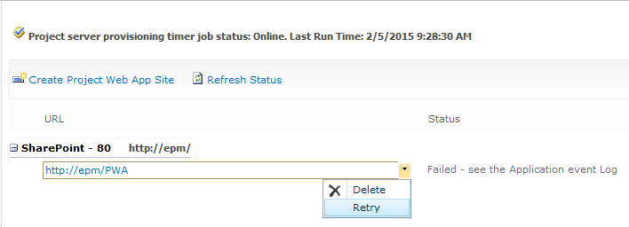 retry to provision PWA in Project Server 2013