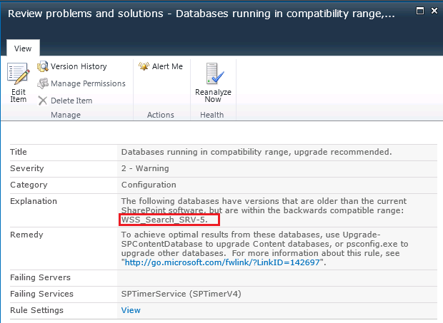 Health Analyzer: Database running in compatibility range, upgrade recommended