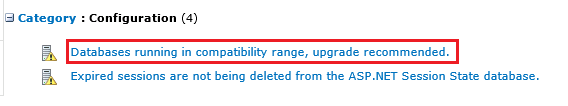 SharePoint Health Analyzer: Database running in compatibility range, upgrade recommended