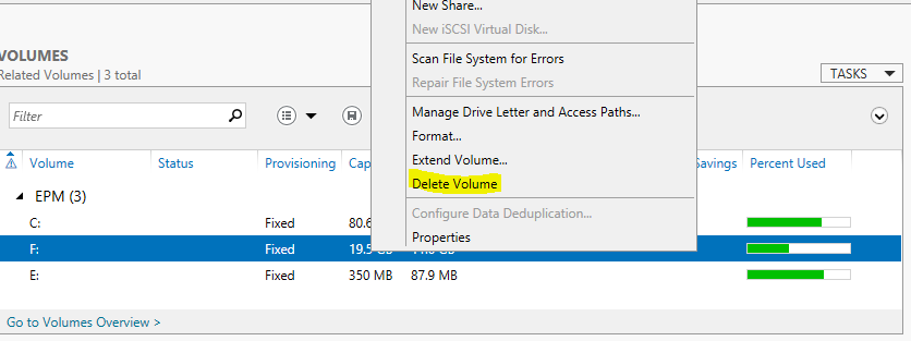 delete volume in Windows Server