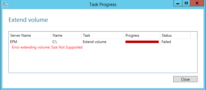 Error extending volume Size Not Supported