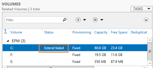 extend volume failed in windows server