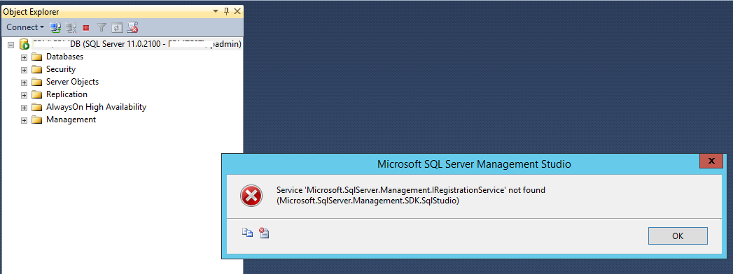Service Microsoft.SqlServer.Management.IRegistrationService not found