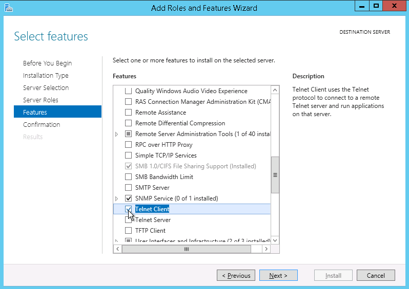 Enable telnet Windows Server 2016