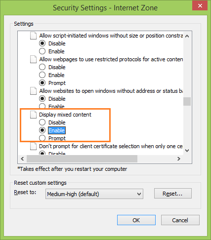 Allow Enable Display Mixed Content IE 11