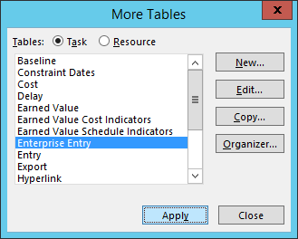 Apply tables in Project 2013