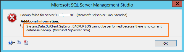 BACKUP LOG cannot be performed because there is no current database backup SSMS1