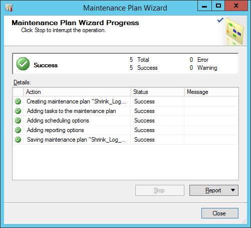 maintenance plan wizard prgress