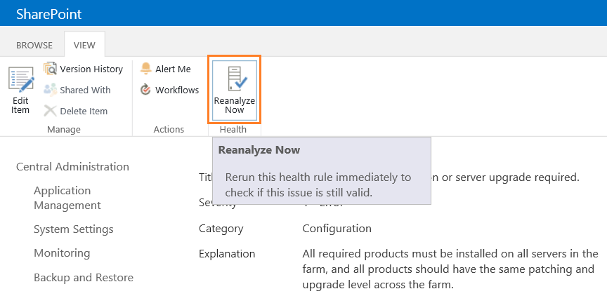 Reanalyze SharePoint Health Analyzer Errors