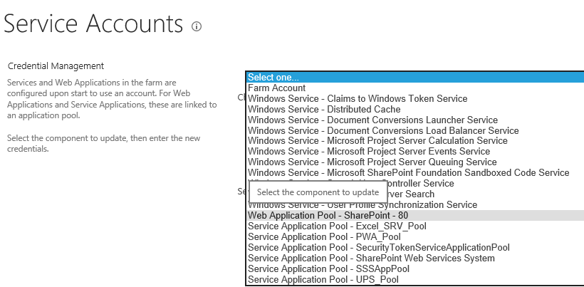 Service Accounts Component list In SharePoint