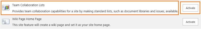 Activate Team Collaboration lists feature in SharePoint