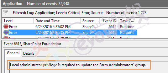 Local administrator privilege is required to update the Farm Administrators' group.