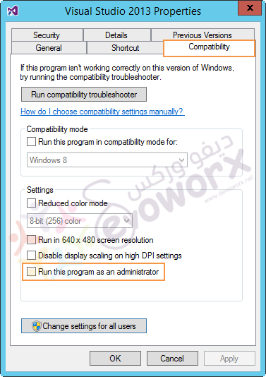 Visual Studio Properties - Compatibility -  Run this program as administrator