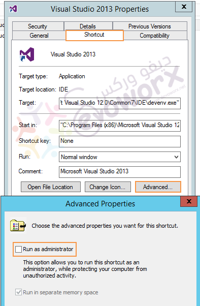Visual Studio Properties - Shortcut - Advanced - Run as administrator