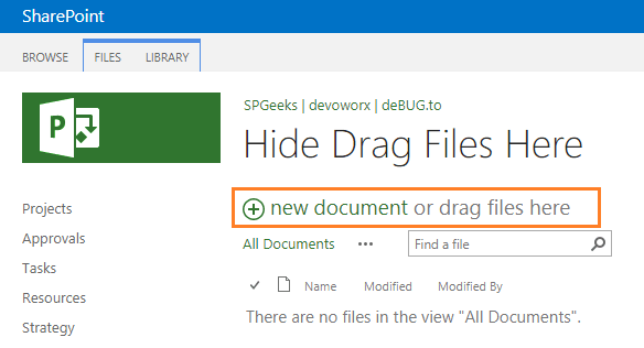 SharePoint 2013 hide drag files here in Document Library