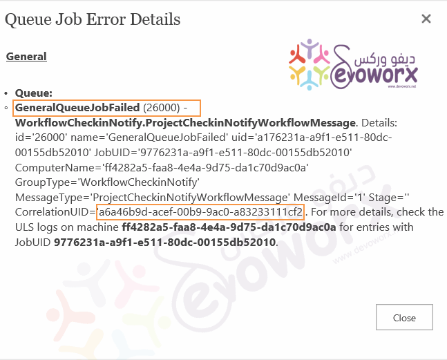 GeneralQueueJobFailed (26000) In Project Server 2013