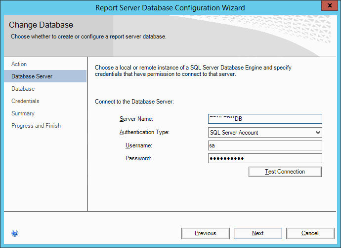 Reporting Service Configuration Manager - Database Server