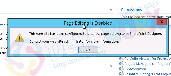 This web site has been configured to disallow editing with SharePoint Designer
