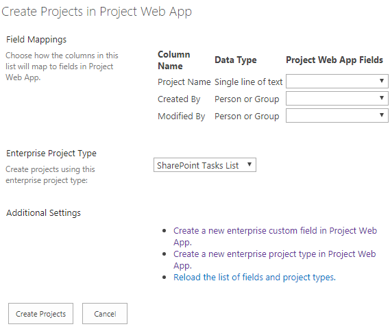 Create Project in Project web app