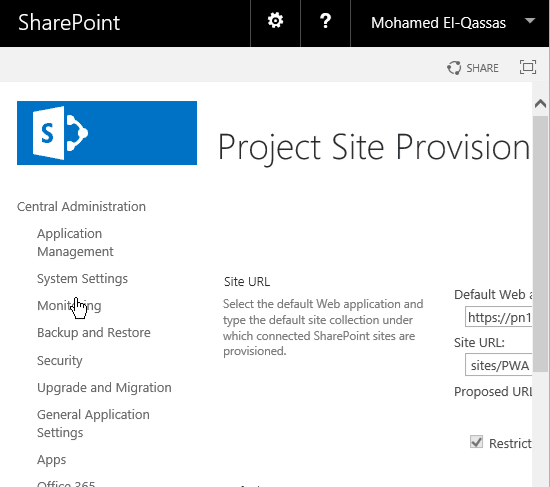Missing Site creation settings in Project Server 2016