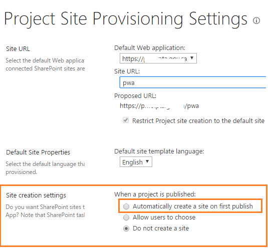 Missing Site Creation Settings in Project Server 2016