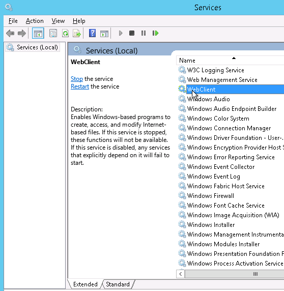 Start WebClient service on SharePoint Server