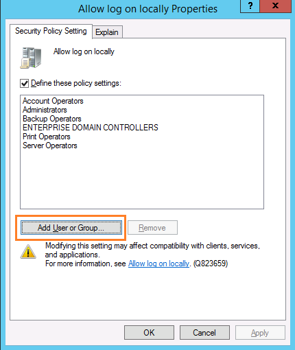 add users and group to Allow logon locally 