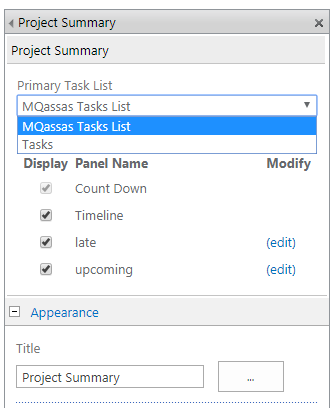 Project Summary Web Part settings