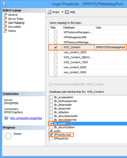 Configuration database permissions for SharePoint Application Pool