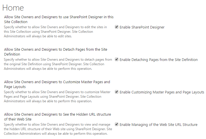 Enable SharePoint Designer settings in SharePoint Online