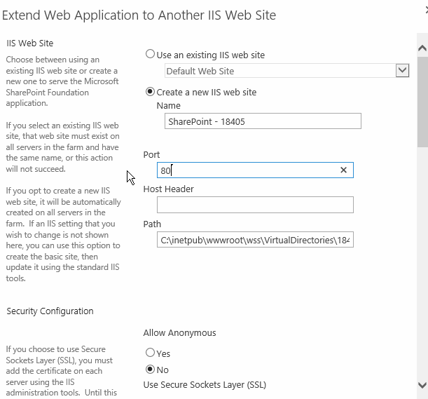 Extend SharePoint 2016 Web Application to Another IIS Web Site