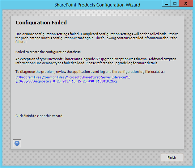 Failed to create the configuration database SharePoint 2016