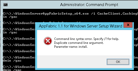 Command Line syntax error - Duplicate command line argument Parameter name Install