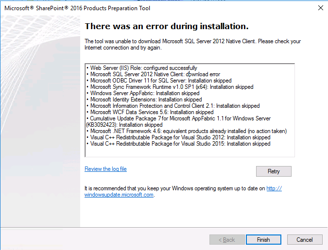 The tool was unable to download Microsoft SQL 2012 Native Client