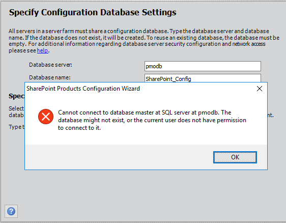 Cannot connect to database master at SQL server at SharePoint 2016