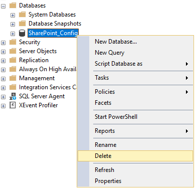 Delete SharePoint Configuration database