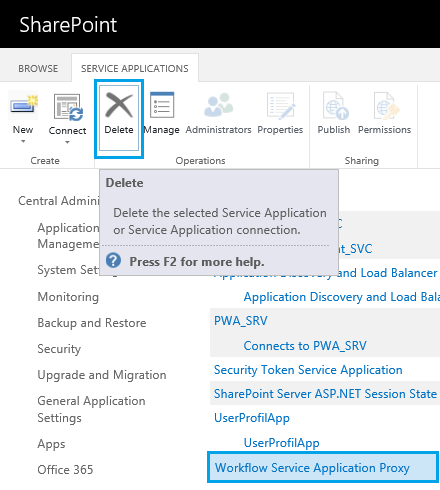 Delete Workflow Manager Service Application Proxy