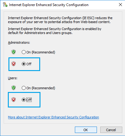 Turn off IE Enhanced Security Configuration