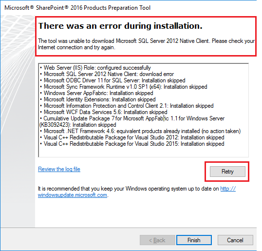 there was and error during the installation in SharePoint 2016