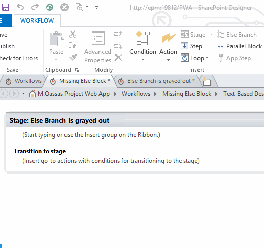 Enable Else branch in SharePoint Designer