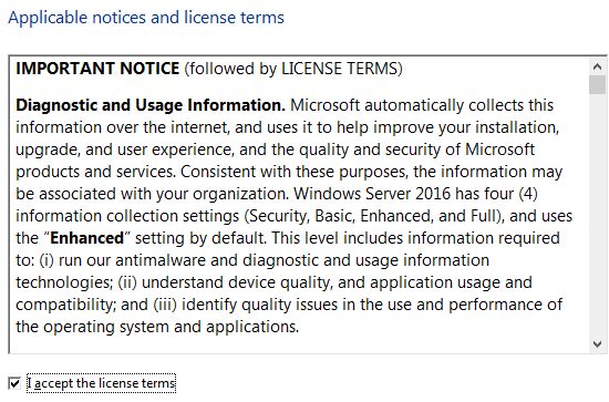 Windows Server 2016 license terms