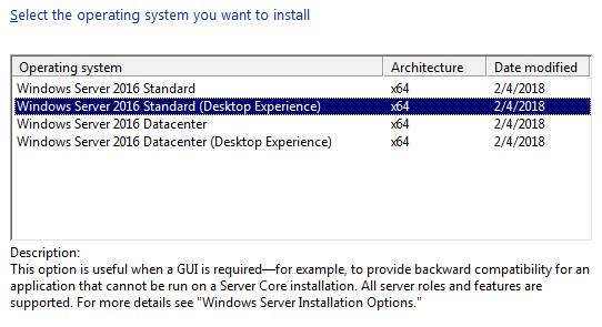 Install Windows Server 2016 with GUI (Desktop Experience)