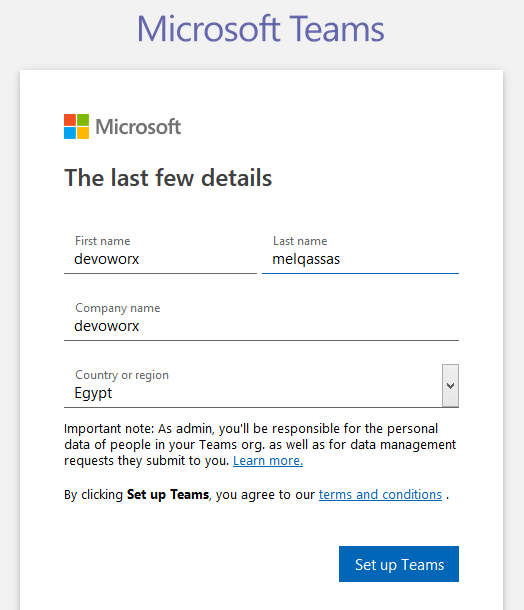 Sign up to Microsoft Teams - setup teams